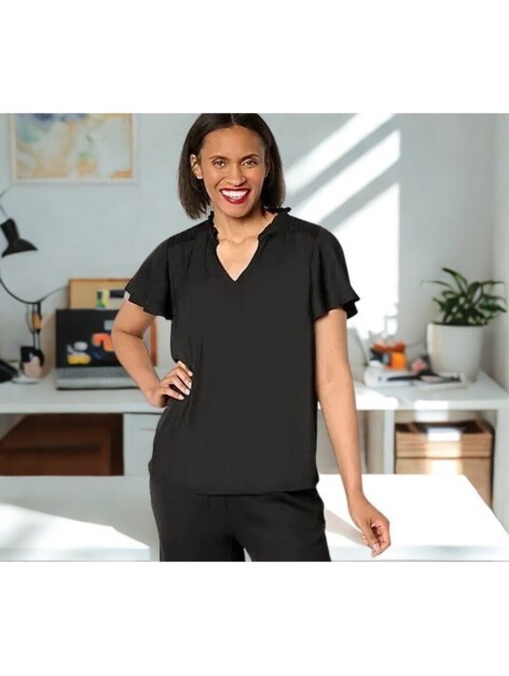 Isaac Mizrahi Live! Crinkle Satin Blouse with Smocking Detail BLACK Size S
